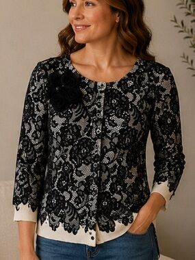 White House Black Market  Floral Lace Overlay Cardigan with Cream Trim